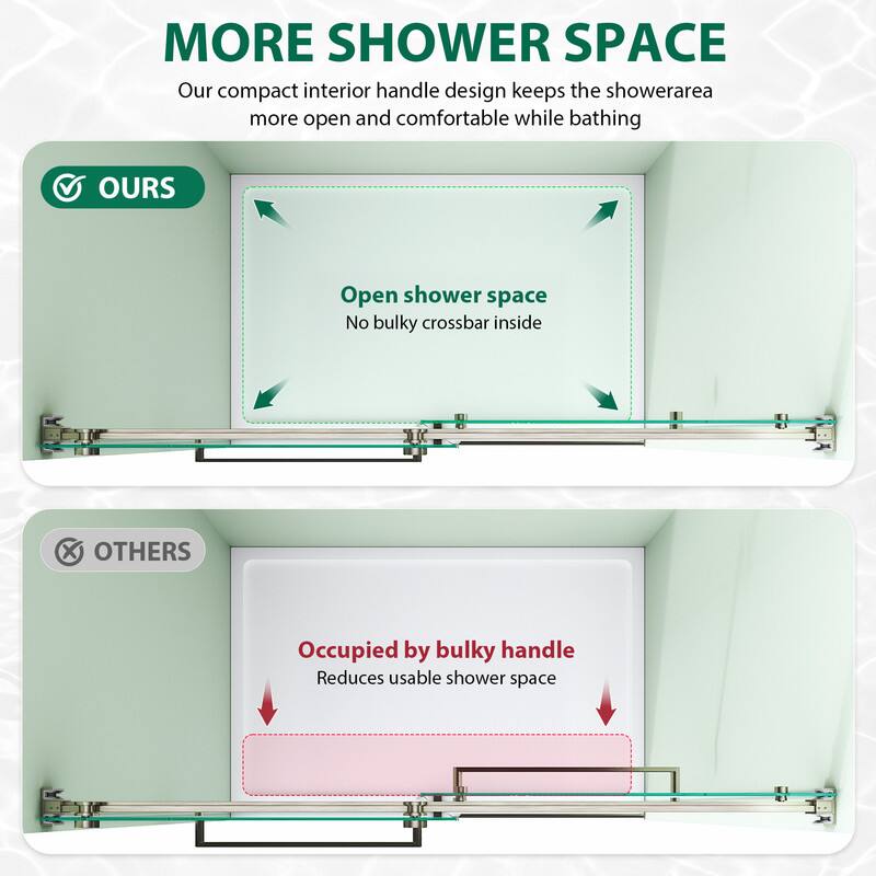 MORE SHOWER SPACE  
Our compact interior handle design keeps the shower area more open and comfortable while bathing  

OURS  
Open shower space  
No bulky crossbar inside  

OTHERS  
Occupied by bulky handle  
Reduces usable shower space
