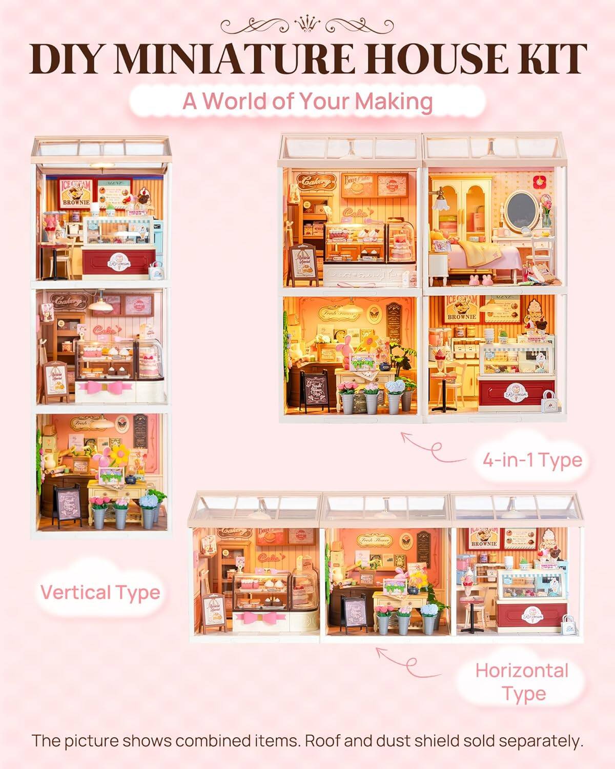 DIY MINIATURE HOUSE KIT  
A World of Your Making  

4-in-1 Type  
Vertical Type  
Horizontal Type  

The picture shows combined items. Roof and dust shield sold separately.