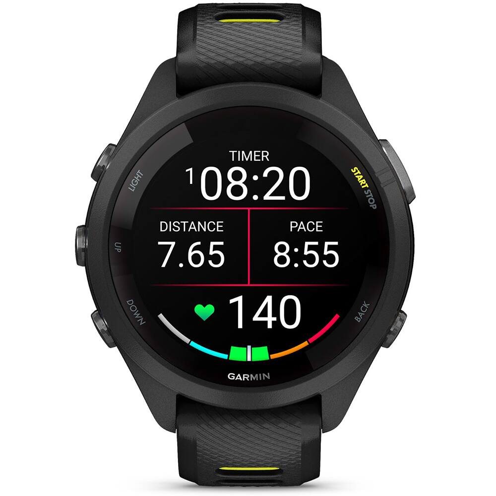 TIMER LIGHT 108:20 START STOP DISTANCE 7.65 PACE 8:55 DOWN 140 BACK GARMIN