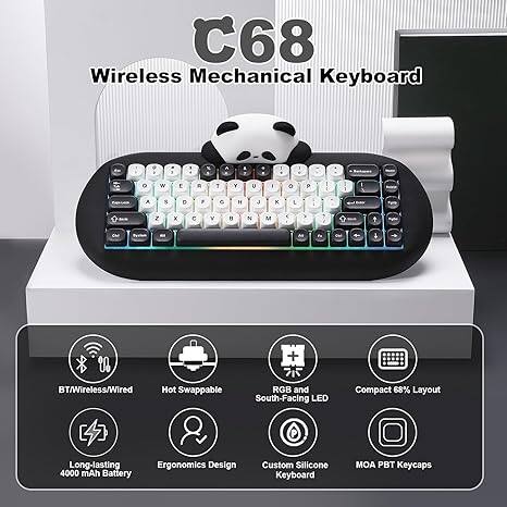 C68 Wireless Mechanical Keyboard - a 3 N A O W E T Y U I P I 1 1 A S D F G H J K L I Z X C V N M < > + As F + & + BT/Wireless/Wired Hot Swappable RGB and South-Facing LED Compact 68% Layout Long-lasting 4000 mAh Battery Ergonomics Design Custom Silicone Keyboard MOA PBT Keycaps