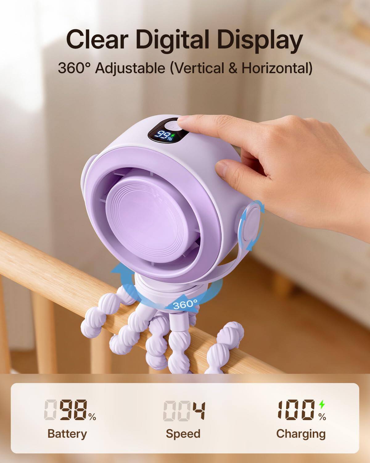 Clear Digital Display 360 Adjustable (Vertical & Horizontal)  
99%  
98% Battery  
004 Speed  
100% Charging