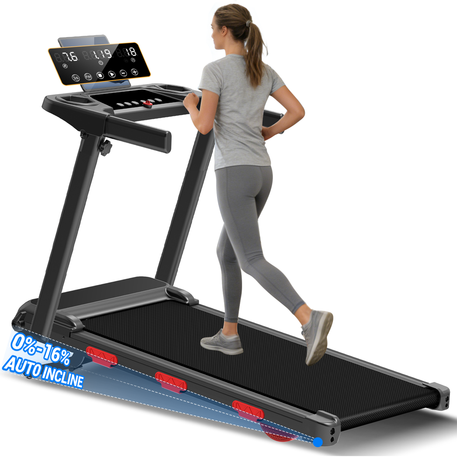 EviTrend - Q1F 16% Auto Incline Treadmill, Folding Treadmill for Home, 0.6-7.5 MPH 3.0 HP Quiet Motor, Portable Exercise Treadmill - Black