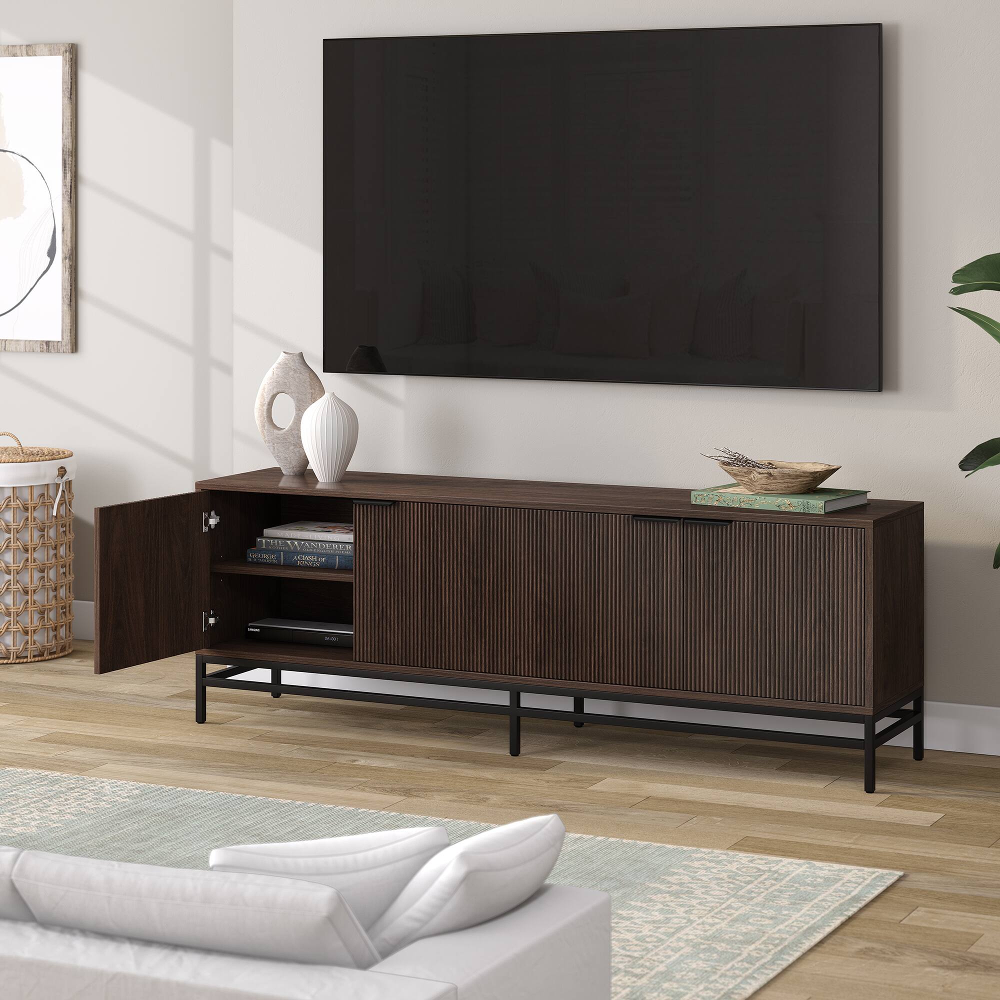 Alt View 4. Hudson&Canal - Montello Rectangular Fluted TV Stand for TV's up to 78" in Alder Brown - Alder Brown.