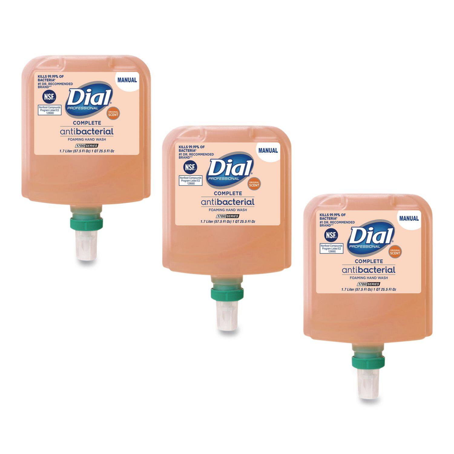 Dial Professional Complete Antibacterial Foaming Hand Wash  
Kills 99.9% of Bacteria  
1.7 Liters (57.5 Fl. Oz)  
NSF Certified  
Program #002  
Manual Dispenser  

Dial Professional Complete Antibacterial Foaming Hand Wash  
Kills 99.9% of Bacteria  
1.7 Liters (57.5 Fl. Oz)  
NSF Certified  
Program #002  
Manual Dispenser  

Dial Professional Complete Antibacterial Foaming Hand Wash  
Kills 99.9% of Bacteria  
1.7 Liters (57.5 Fl. Oz)  
NSF Certified  
Program #002  
Manual Dispenser