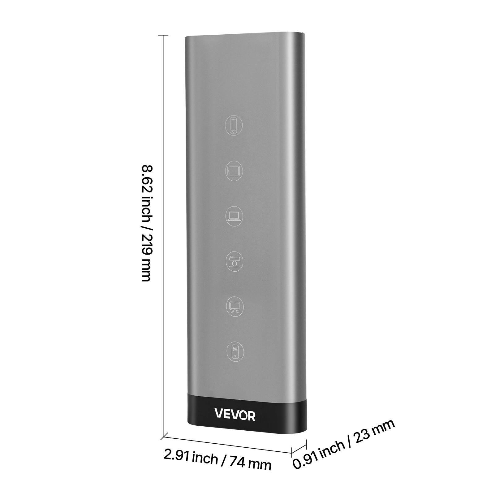 8.62 inch / 219 mm  
2.91 inch / 74 mm  
0.91 inch / 23 mm