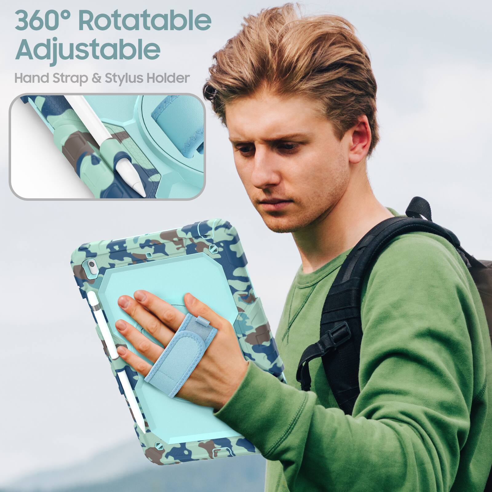 360° Rotatable Adjustable  
Hand Strap & Stylus Holder