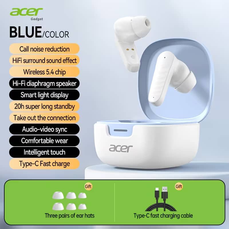 Acer - wireless earbuds feature ultra-long battery life, high-definition surround sound, call noise reduction, low latency - Blue