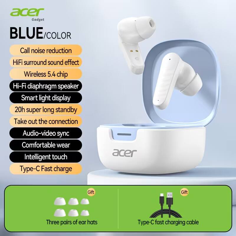 acer Gadget BLUE/COLOR

- Call noise reduction
- HiFi surround sound effect
- Wireless 5.4 chip
- Hi-Fi diaphragm speaker
- Smart light display
- 20h super long standby
- Take out the connection
- Audio-video sync
- Comfortable wear
- Intelligent touch
- Type-C Fast charge

Gifts:
- Three pairs of ear hats
- Type-C fast charging cable