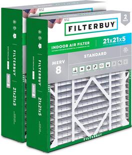 Filterbuy - 21x21x5 MERV 8 Dust & Allergy Defense, Pleated HVAC AC Furnace Air Filters Replacement for Rheem & Ruud (2-Pack) - Silver