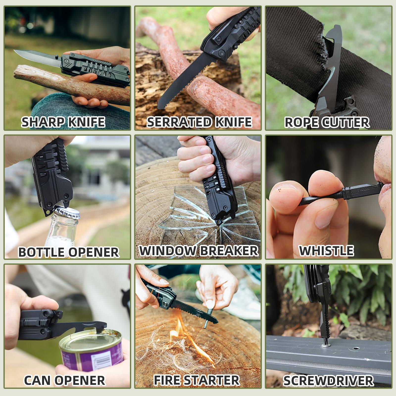 Sure, here is the corrected and grouped text:

- SHARP KNIFE
- SERRATED KNIFE
- ROPE CUTTER
- BOTTLE OPENER
- WINDOW BREAKER
- WHISTLE
- CAN OPENER
- FIRE STARTER
- SCREWDRIVER