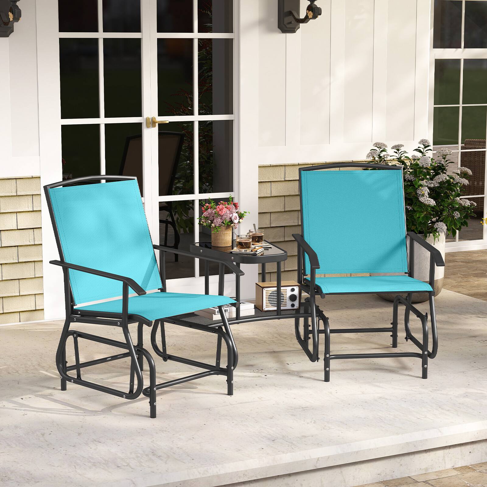 Alt View 3. Costway - Costway Outdoor Bistro Sets Double Swing Glider Chair Rocker Glass Table Umbrella Hole - Turquoise.