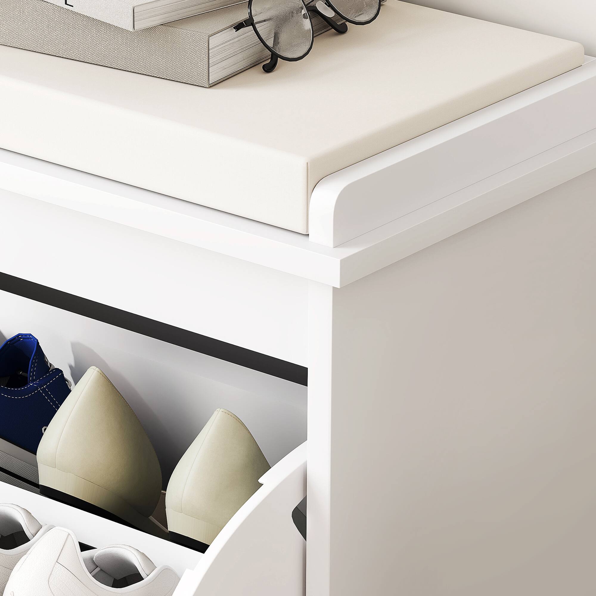 Alt View 7. Homcom - Narrow Shoe Bench with Padded Cushion, Shoe Cabinet with Flip-Drawer and Adjustable Shelf, Small Entryway Bench - White.