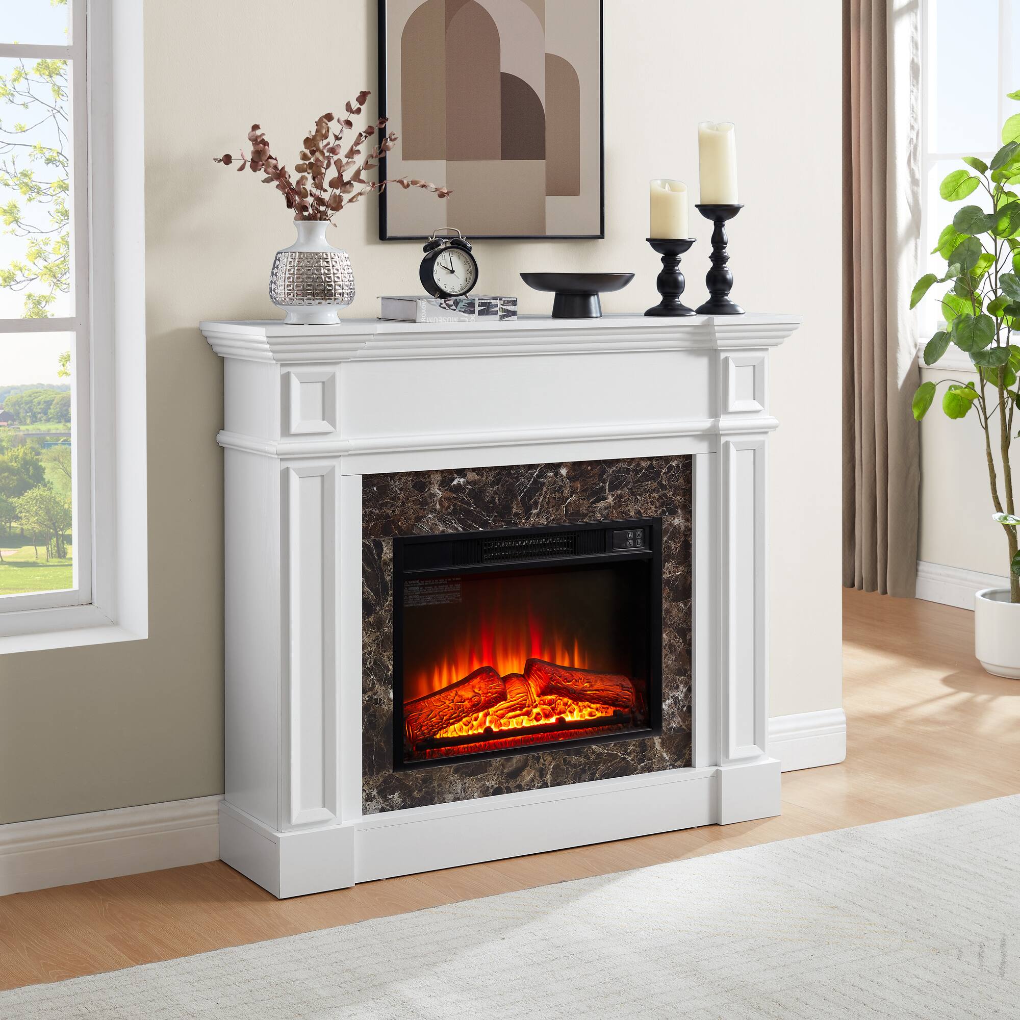 Alt View 5. Boyel Living - 45.66-in White Electric Fireplace Mantel with Stacked Stone Surround 400W Remote Control Timer and LED Flame - White.