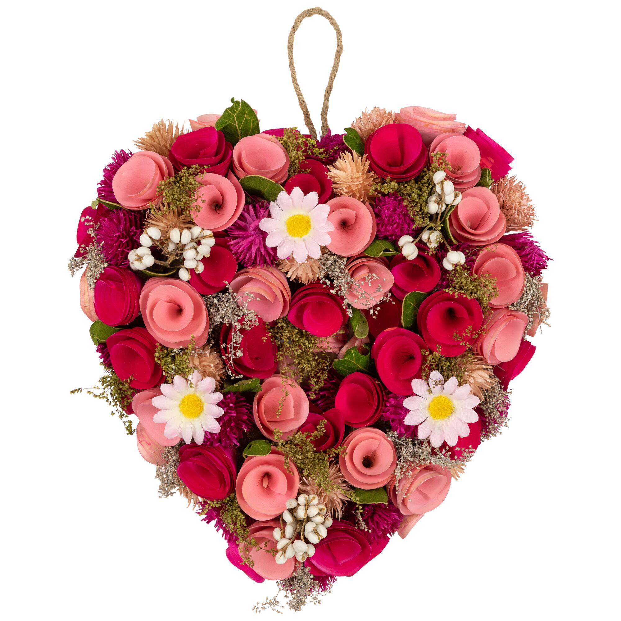 Front. Northlight - Mixed Floral and Berries Artificial Valentine's Day Heart Wreath - 10.25" - Red.