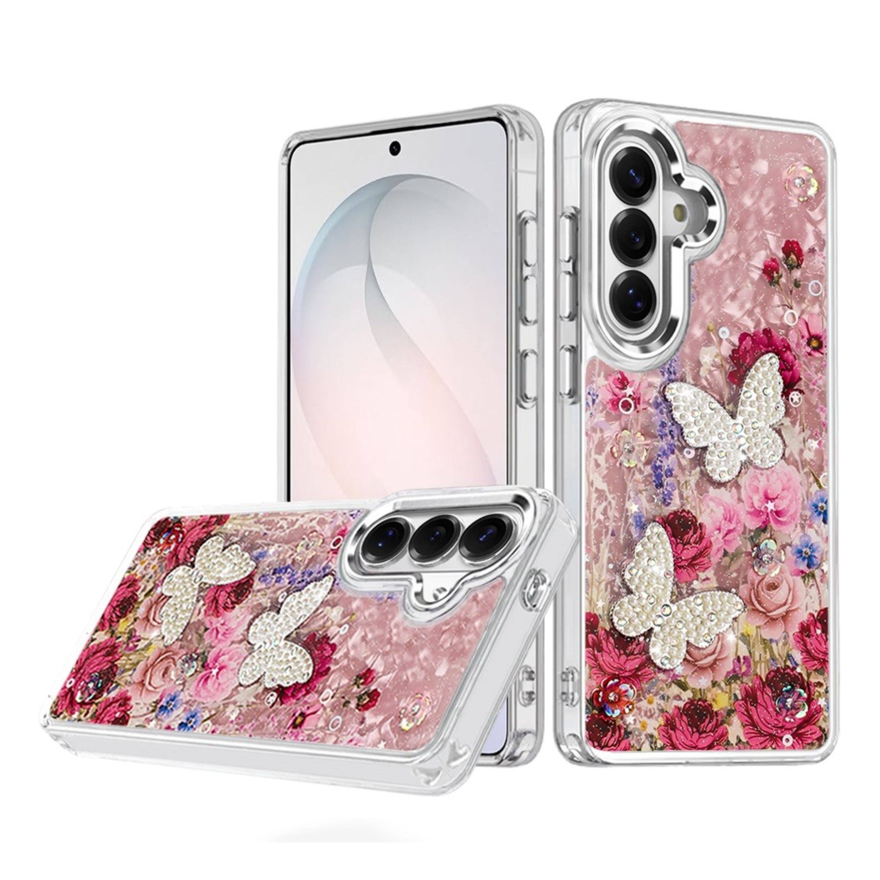Angle. Kitcheniva - Epoxy Glitter 3D Beaded Butterflies Design Phone Case With Tempered Glass For Samsung Galaxy S26 Color F - Multicolor.
