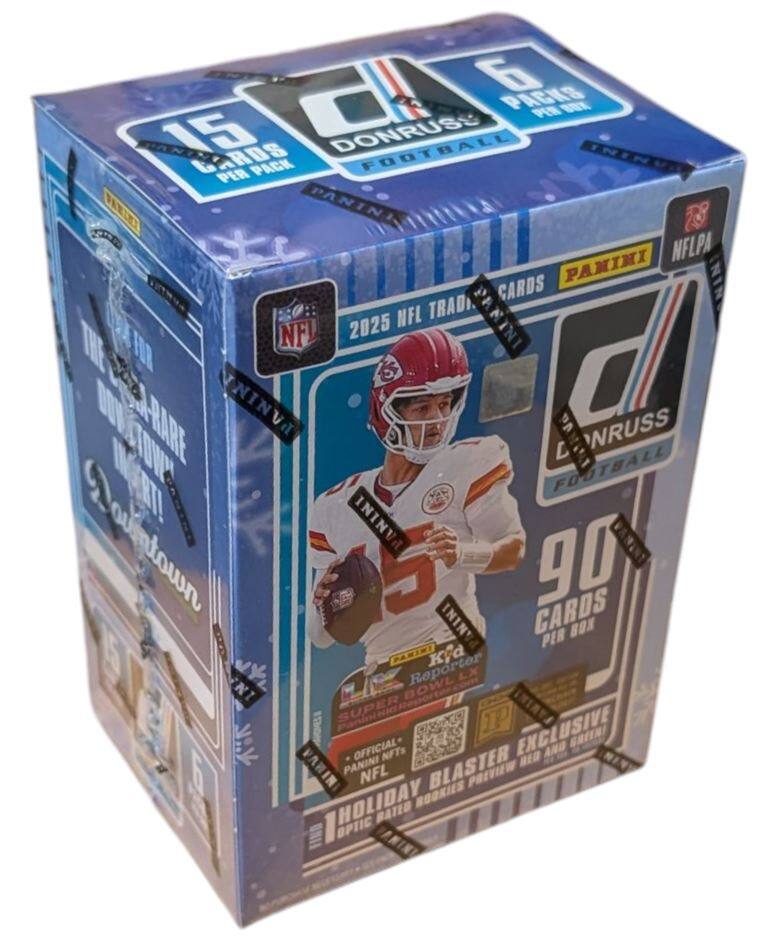 6 PACKS PER BOX  
15 CARDS PER PACK  
2025 NFL TRADING CARDS  
90 CARDS PER BOX  
PANINI  
NFLPA  
PANINI  
HOLIDAY BLASTER  
EXCLUSIVE  
OFFICIAL NFL  
SUPERBOWL REPORTER  
KID REPORTER  
OPTIC RARE  
DOWN  
IN TOWN  
IN THE HALL OF FAME  
IN THE HALL OF FAME