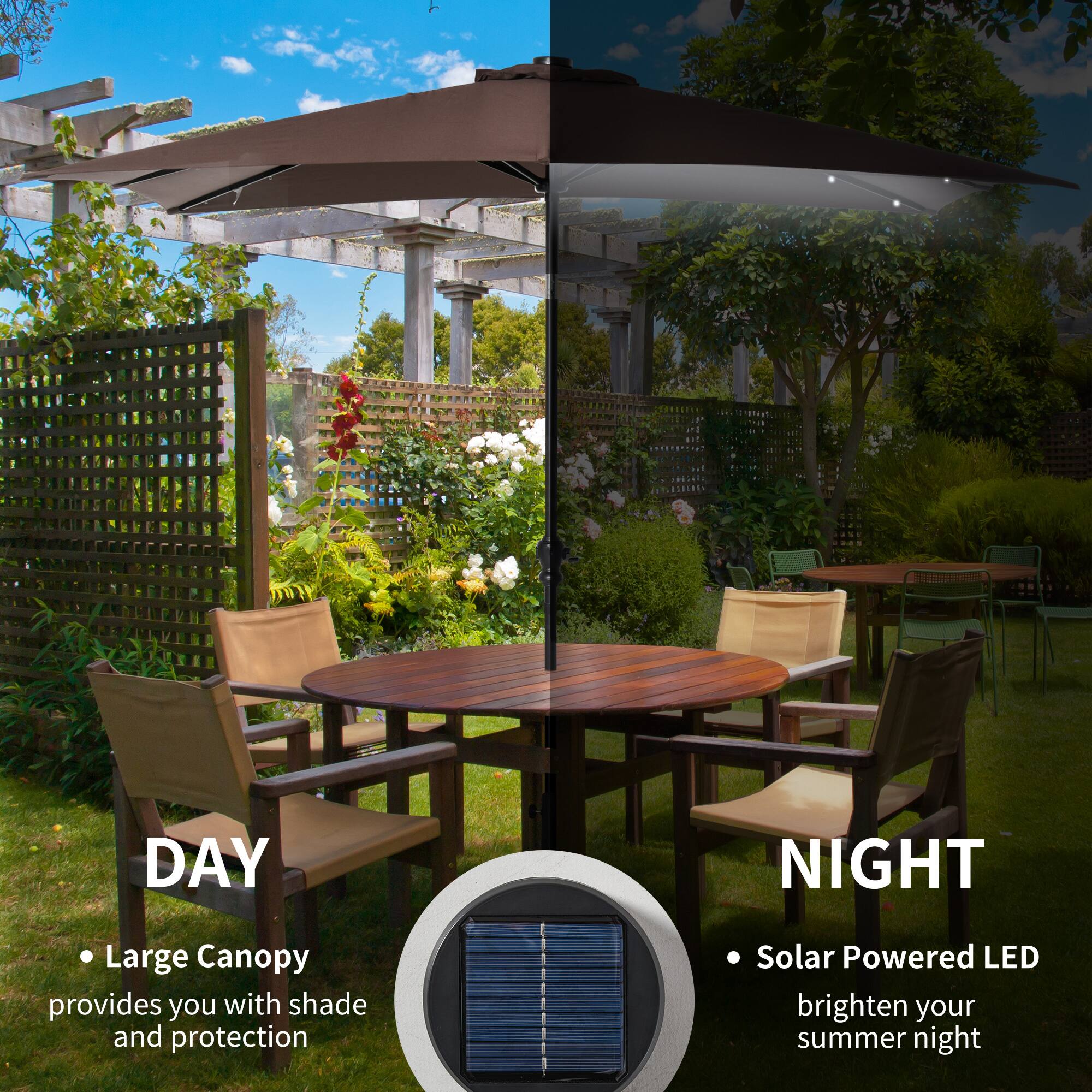 DAY Large Canopy provides you with shade and protection

NIGHT Solar Powered LED brighten your summer night