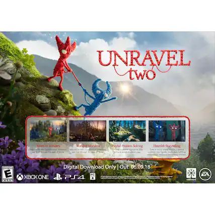 Unravel Two: World of Wonders inspired by real Scandinavian landscapes. See a world of adventures through the eyes of Yarny. Playful problem-solving and heartfelt storytelling. Uncover the variety of ways to play. Experience a world where unique emotions and relationships are at the forefront. Meet friendly characters and face intimidating monsters. Available on Xbox One and PC. Digital download only. Out 06.09.18. - E (Everyone)