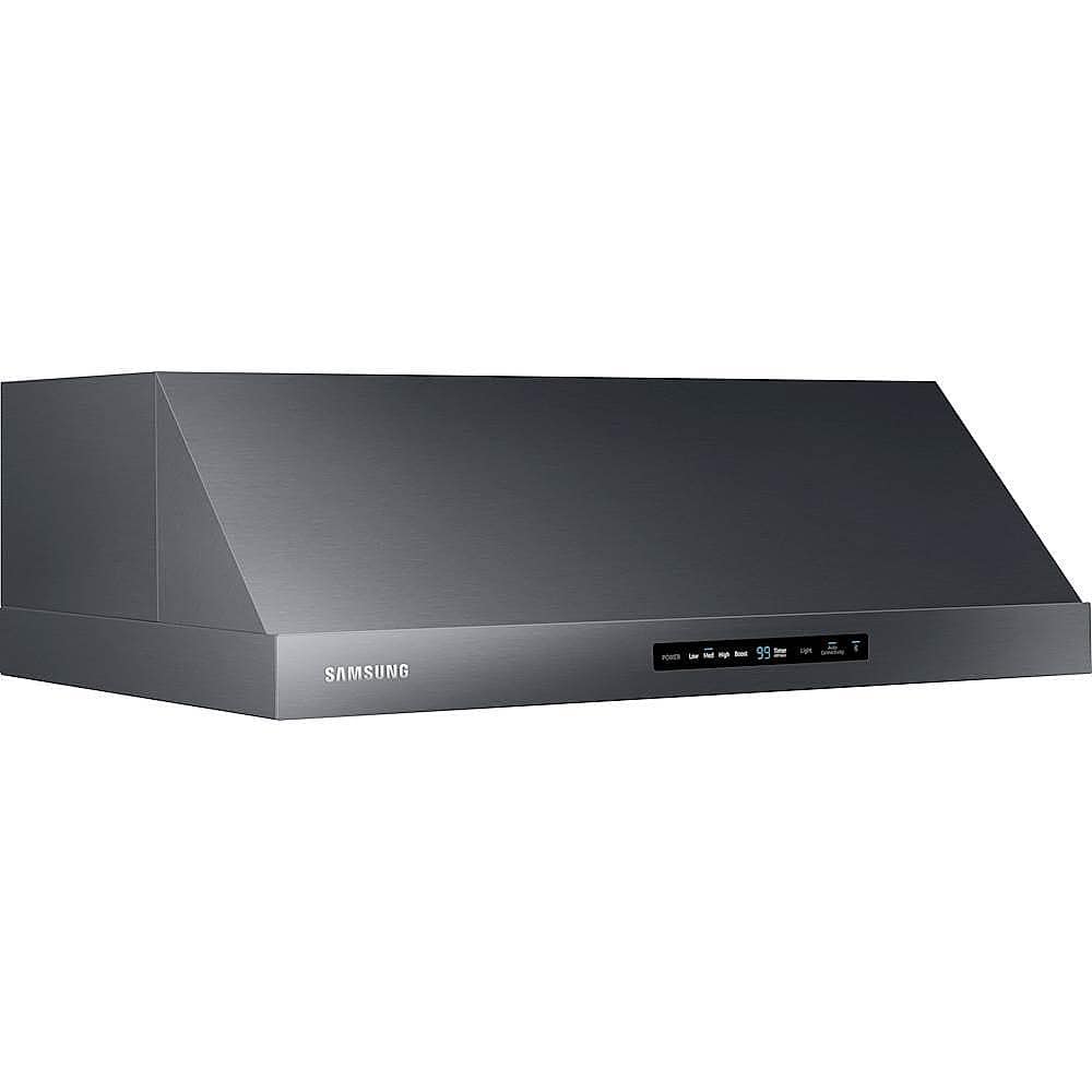 Angle. Samsung - 30" Range Hood with WiFi and Bluetooth - Fingerprint Resistant Black Stainless Steel.