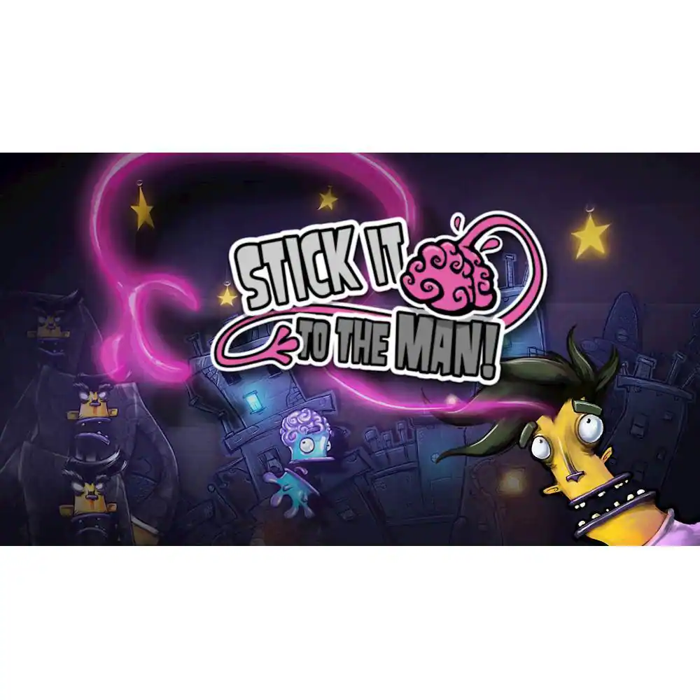 The image features a cartoon character with a pink ribbon and a yellow head, along with a purple background. The text "Stick it to the man!" is displayed prominently in the scene, with the words "Stick it" written in pink and "to the man!" in yellow. The character appears to be interacting with a pink ribbon, which is also part of the image. - T (Teen 13+)