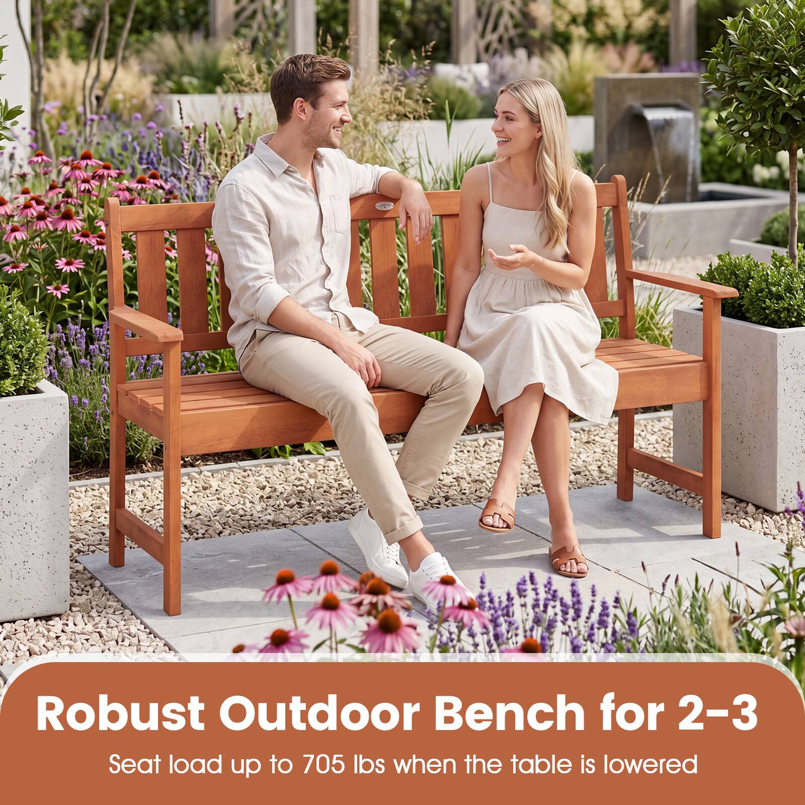 Robust Outdoor Bench for 2-3  
Seat load up to 705 lbs when the table is lowered