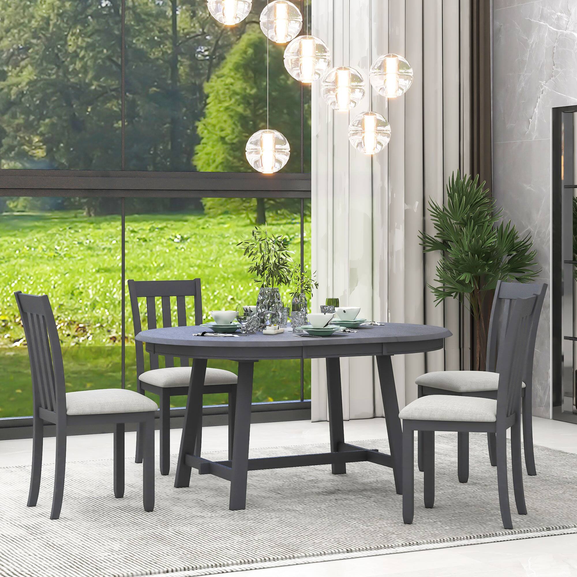 Front. TinyHomie - 5-Piece Wood Dining Table Set Round Extendable Dining Table with 4 Dining Chairs Dining Room Table Set for 4 person - Gray.
