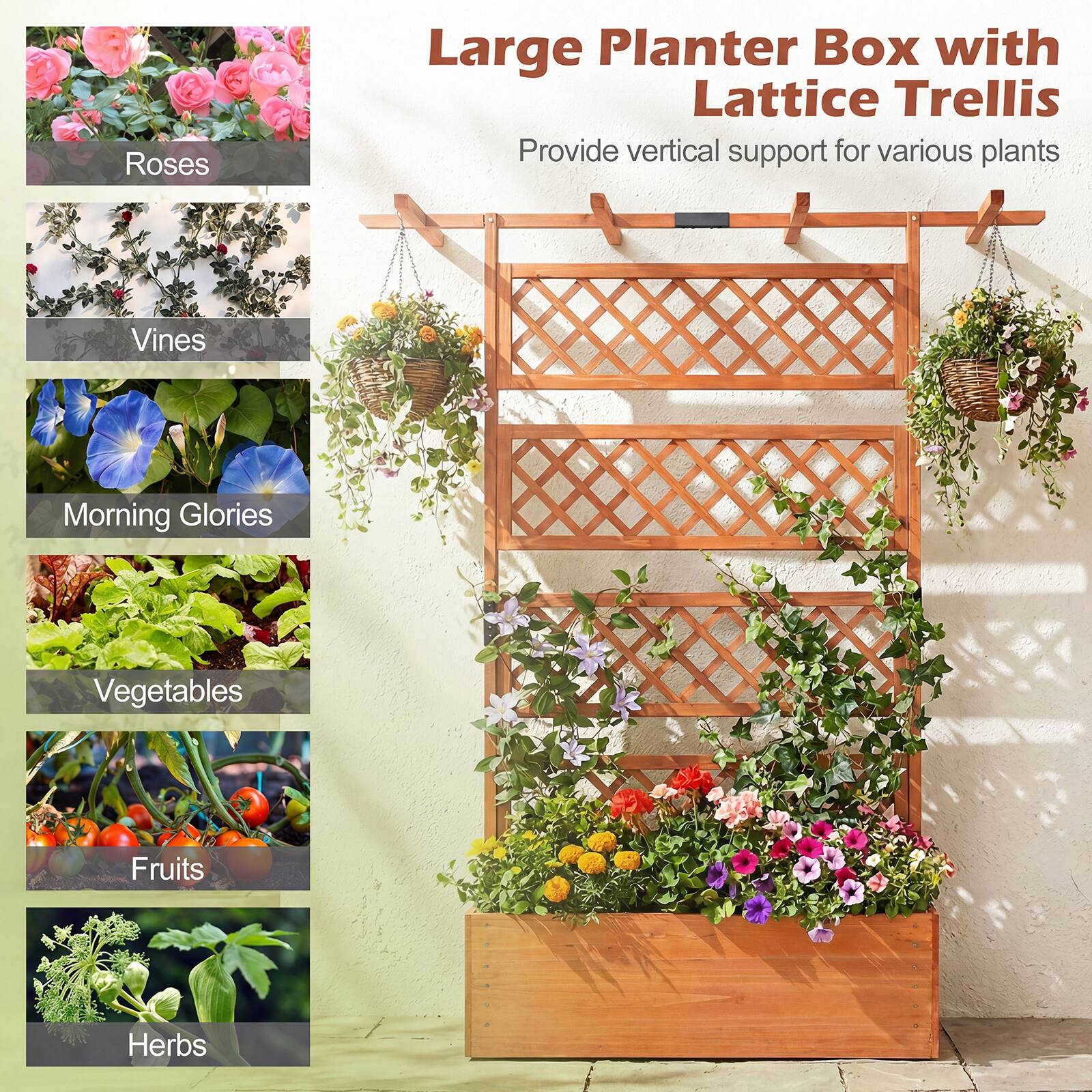Large Planter Box with Lattice Trellis  
Provide vertical support for various plants

- Roses
- Vines
- Morning Glories
- Vegetables
- Fruits
- Herbs