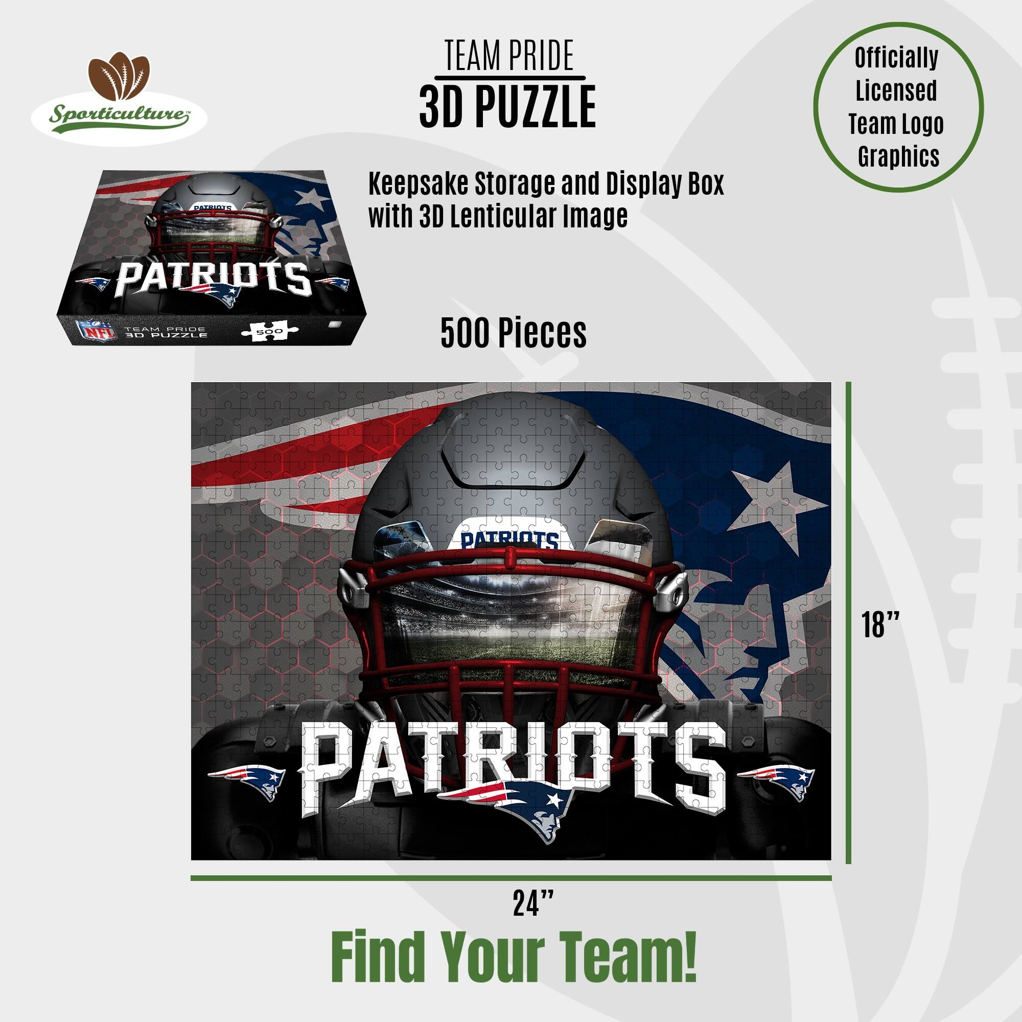 TEAM PRIDE Sporticulture 3D PUZZLE Keepsake Storage and Display Box with 3D Lenticular Image PATRIOTS 500 Pieces Officially Licensed Team Logo Graphics PATRIOTS 18" PATRIOTS 24" Find Your Team!