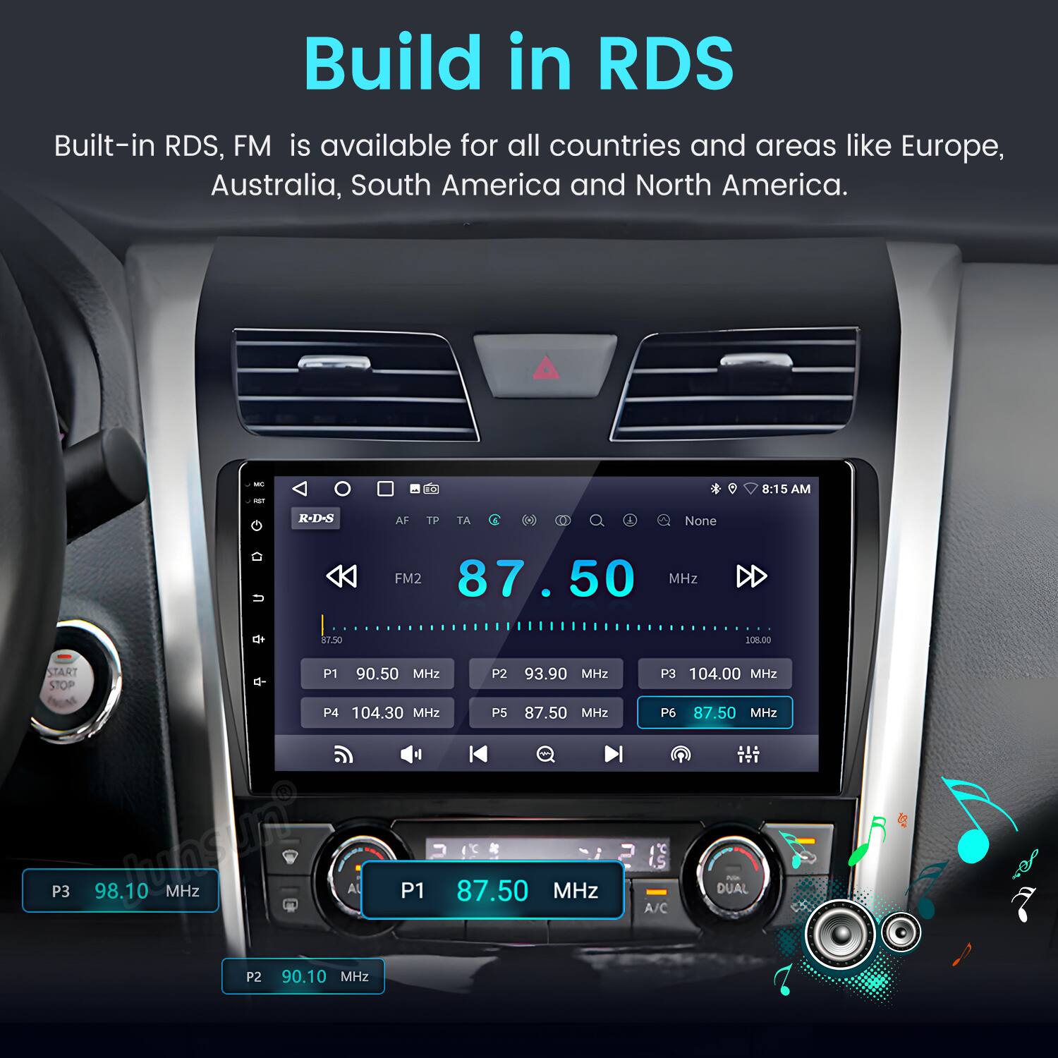 Build in RDS

Built-in RDS, FM is available for all countries and areas like Europe, Australia, South America and North America.