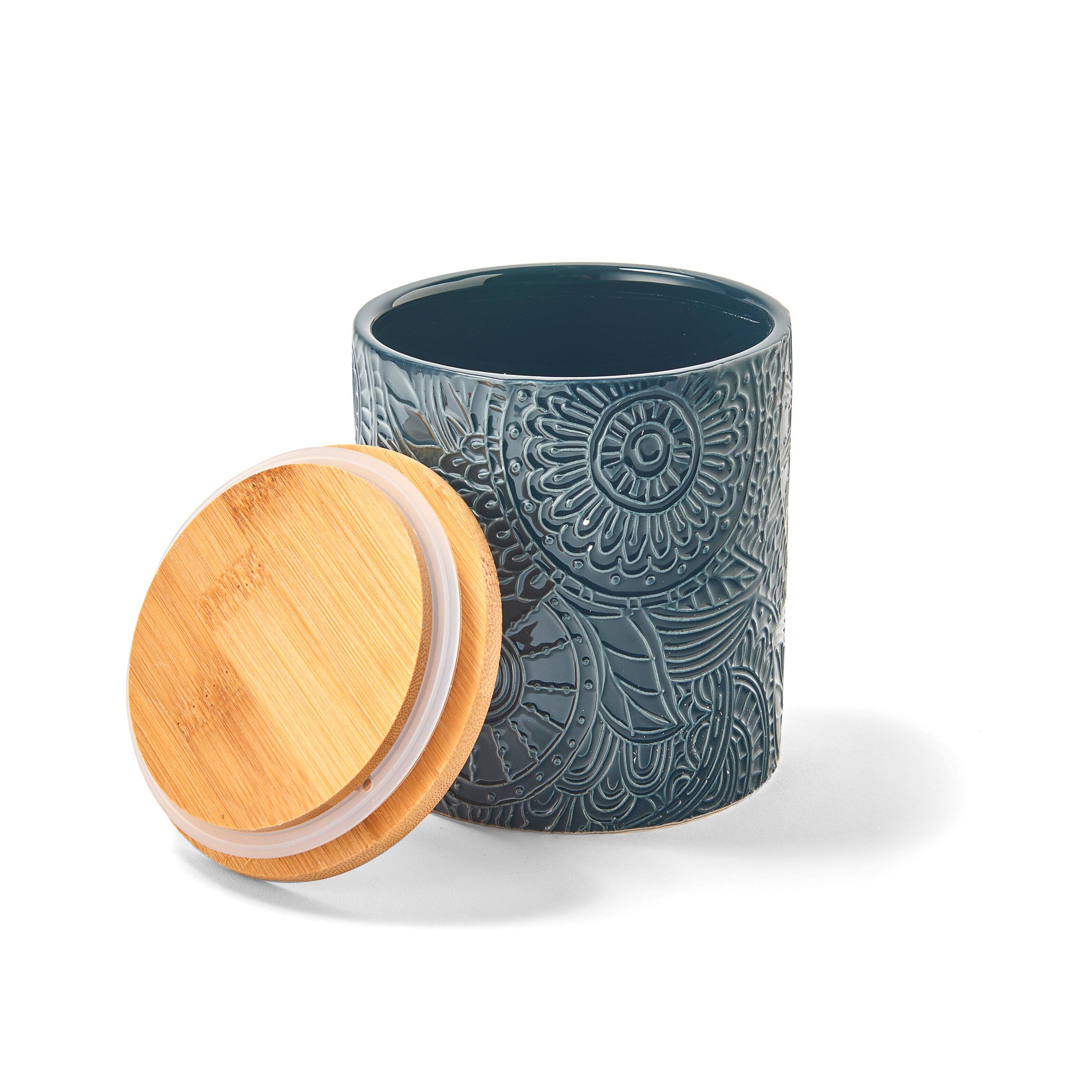 Angle. American Atelier - Embossed Blue 4-Piece Kitchen Canister Set.