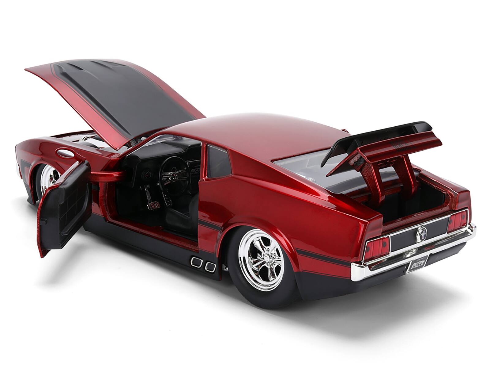 Back. Jada - 1973 Ford Mustang Mach 1 Red Metallic with Matt Black Hood and Black Stripes "Bigtime Muscle" Series 1/24 - Red Metallic with Matt Black.