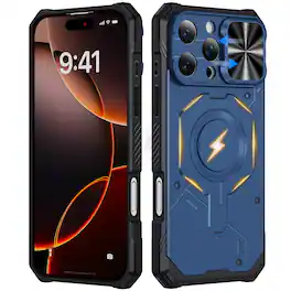 Dteck - Shockproof Magnetic Hybrid Protective Case for Apple iPhone 16 Pro Max with Slide Camera Cover, Side Anti-Slip Texture - Blue