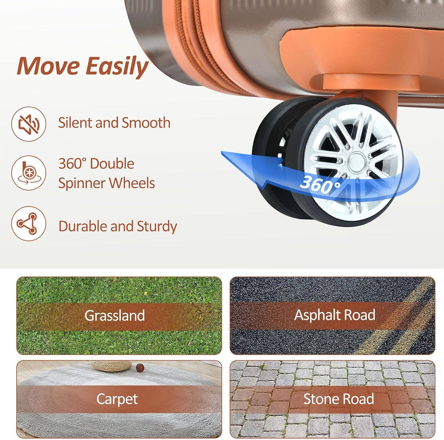 Move Easily

- Silent and Smooth
- 360° Double Spinner Wheels
- Durable and Sturdy

Grassland  
Asphalt Road  
Carpet  
Stone Road