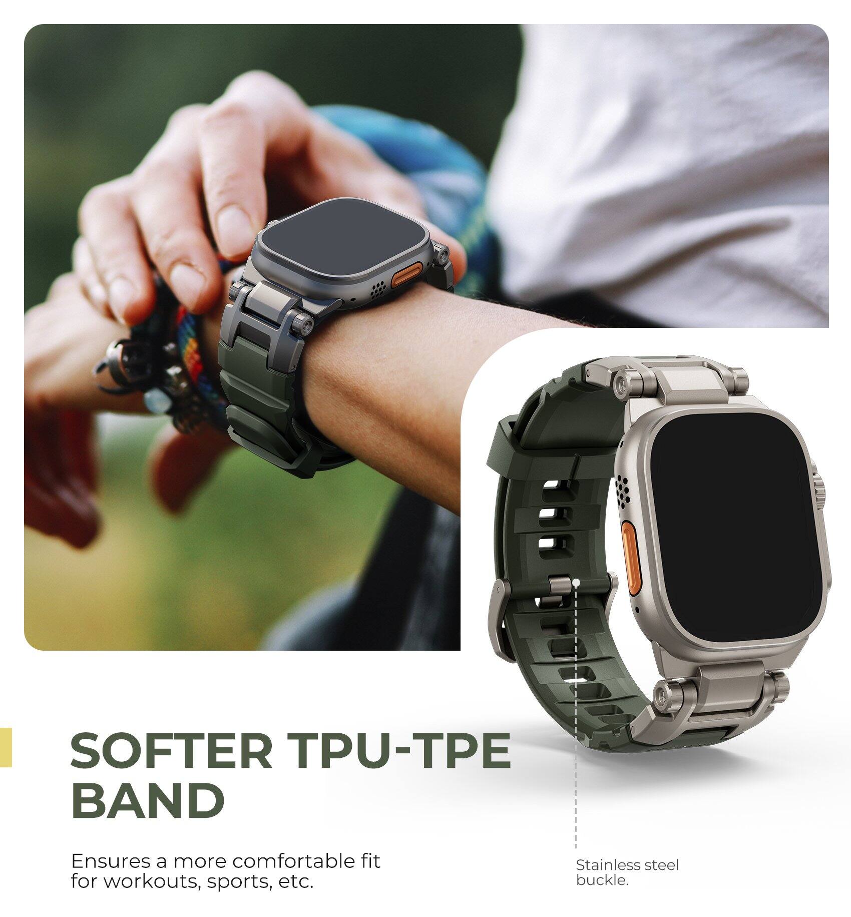 SOFTER TPU-TPE BAND  
Ensures a more comfortable fit for workouts, sports, etc.  
Stainless steel buckle.
