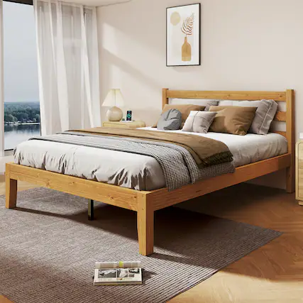 Front. Bestier - Solid Wood Farmhouse Platform Bed Frame with Headboard, No Box Spring Needed, 6.5" Under Bed Storage & Quiet Design - Pine Natural.