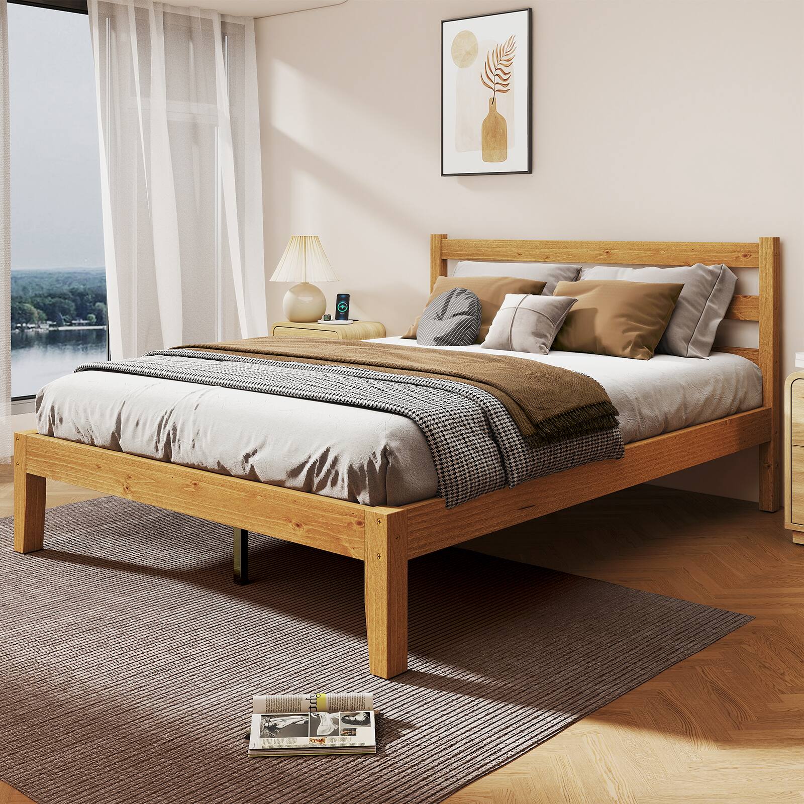 Bestier - Solid Wood Farmhouse Platform Bed Frame with Headboard, No Box Spring Needed, 6.5" Under Bed Storage & Quiet Design - Pine Natural