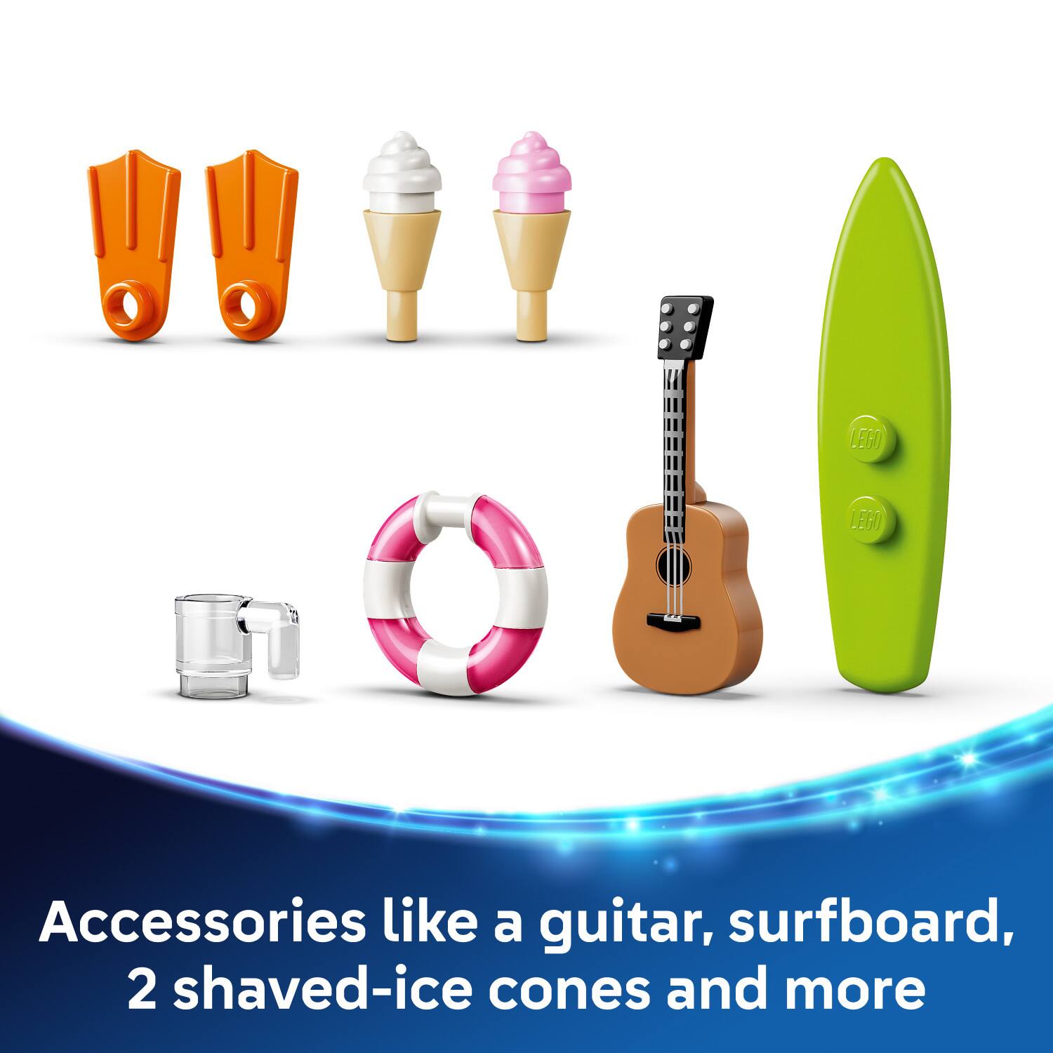 Accessories like a guitar, surfboard, 2 shaved-ice cones and more