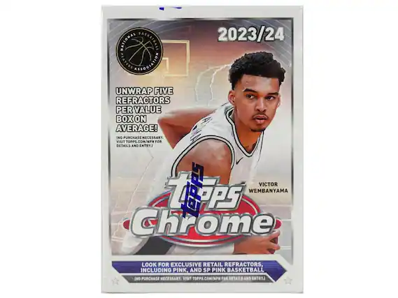 NATIONAL BASKETBALL ASSOCIATION 2023/24 PLAYERS ASSOCIATION
UNWRAP FIVE REFRACTORS PER VALUE BOX ON AVERAGE! NO PURCHASE NECESSARY. VISIT TOPPS.COM/NPN FOR DETAILS AND ENTRY.
VICTOR WEMBANYAMA
TOPPS Chrome
LOOK FOR EXCLUSIVE RETAIL REFRACTORS, INCLUDING PINK, AND SP PINK BASKETBALL. NO PURCHASE NECESSARY. VISIT TOPPS.COM/NPN FOR DETAILS AND ENTRY.