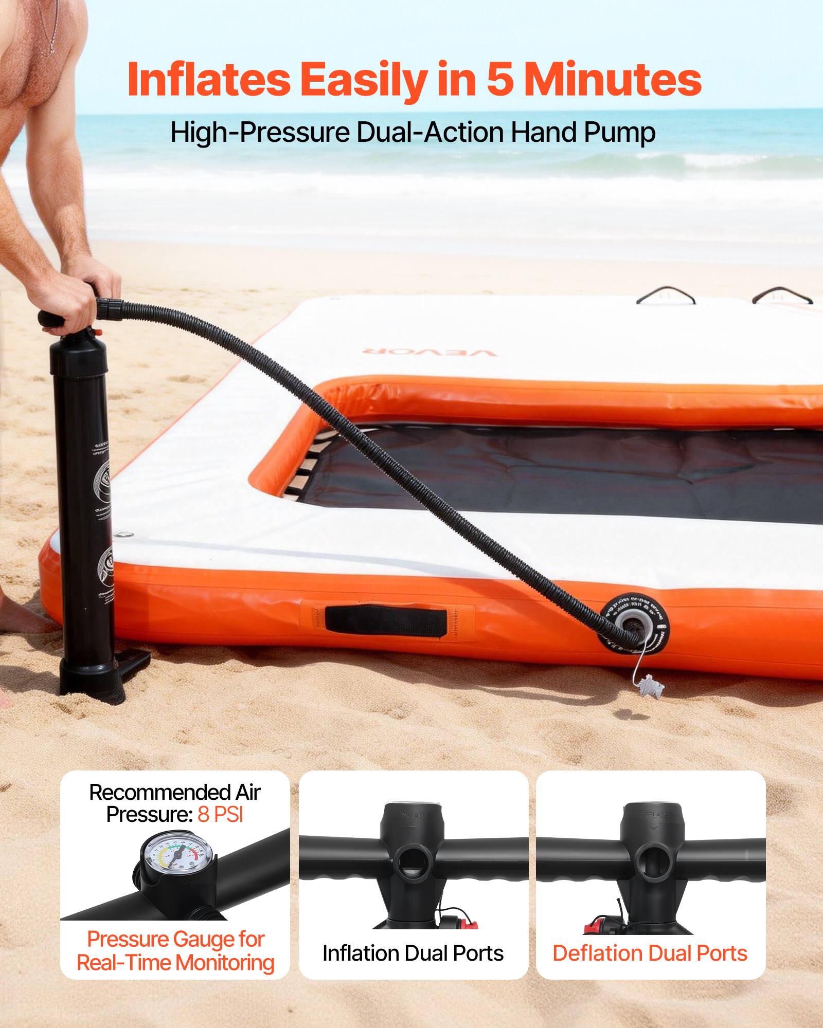 Inflates Easily in 5 Minutes  
High-Pressure Dual-Action Hand Pump  

Recommended Air Pressure: 8 PSI  
Pressure Gauge for Real-Time Monitoring  
Inflation Dual Ports  
Deflation Dual Ports