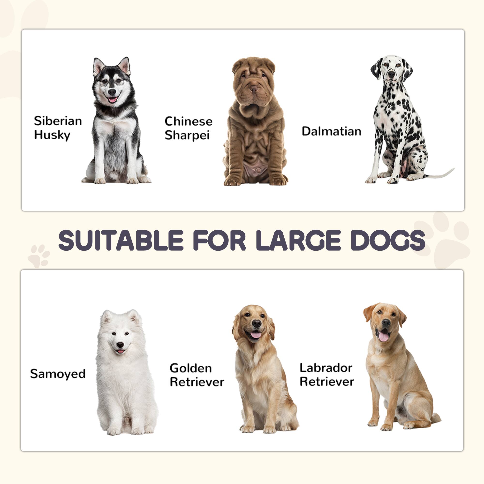 Siberian Husky  
Chinese Sharpei  
Dalmatian  

SUITABLE FOR LARGE DOGS  

Samoyed  
Golden Retriever  
Labrador Retriever
