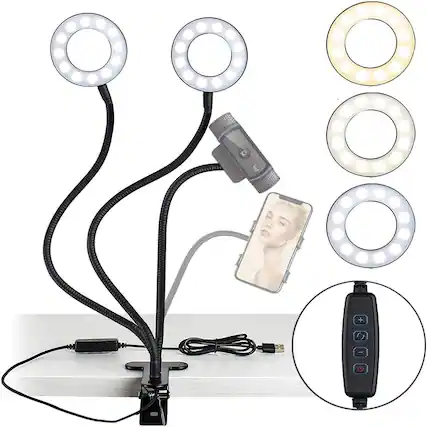 Front. PARKER SLATER - 3.5" Dual Selfie Ring Light with Phone & Webcam Holder, 3 Light Modes, 10 Brightness Levels, LED Ring Light with Tripod.