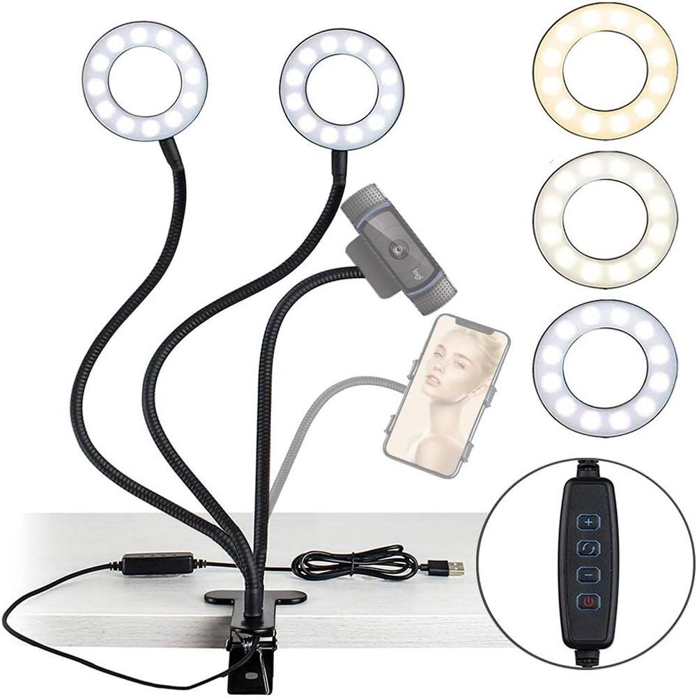 Front. PARKER SLATER - 3.5" Dual Selfie Ring Light with Phone & Webcam Holder, 3 Light Modes, 10 Brightness Levels, LED Ring Light with Tripod.