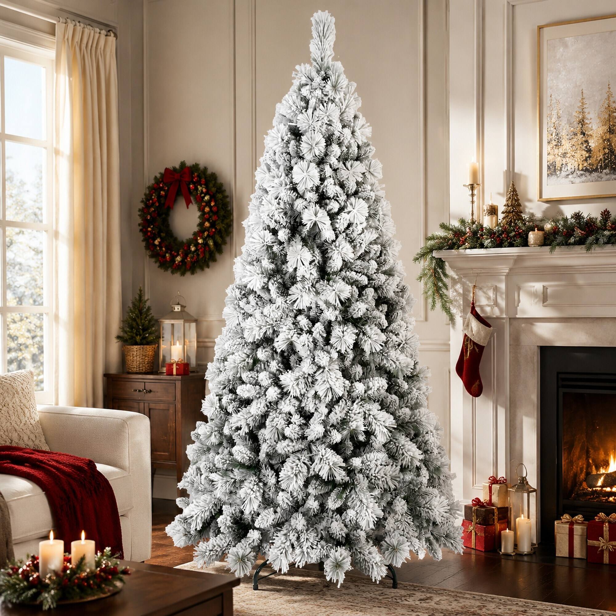 Left. RYHNUYNE - 9FT Flocked Christmas Tree, 1964 Snowy PVC Hard Needle Branches Hinged Design Easy Setup Stable Metal Stand - Green,White.