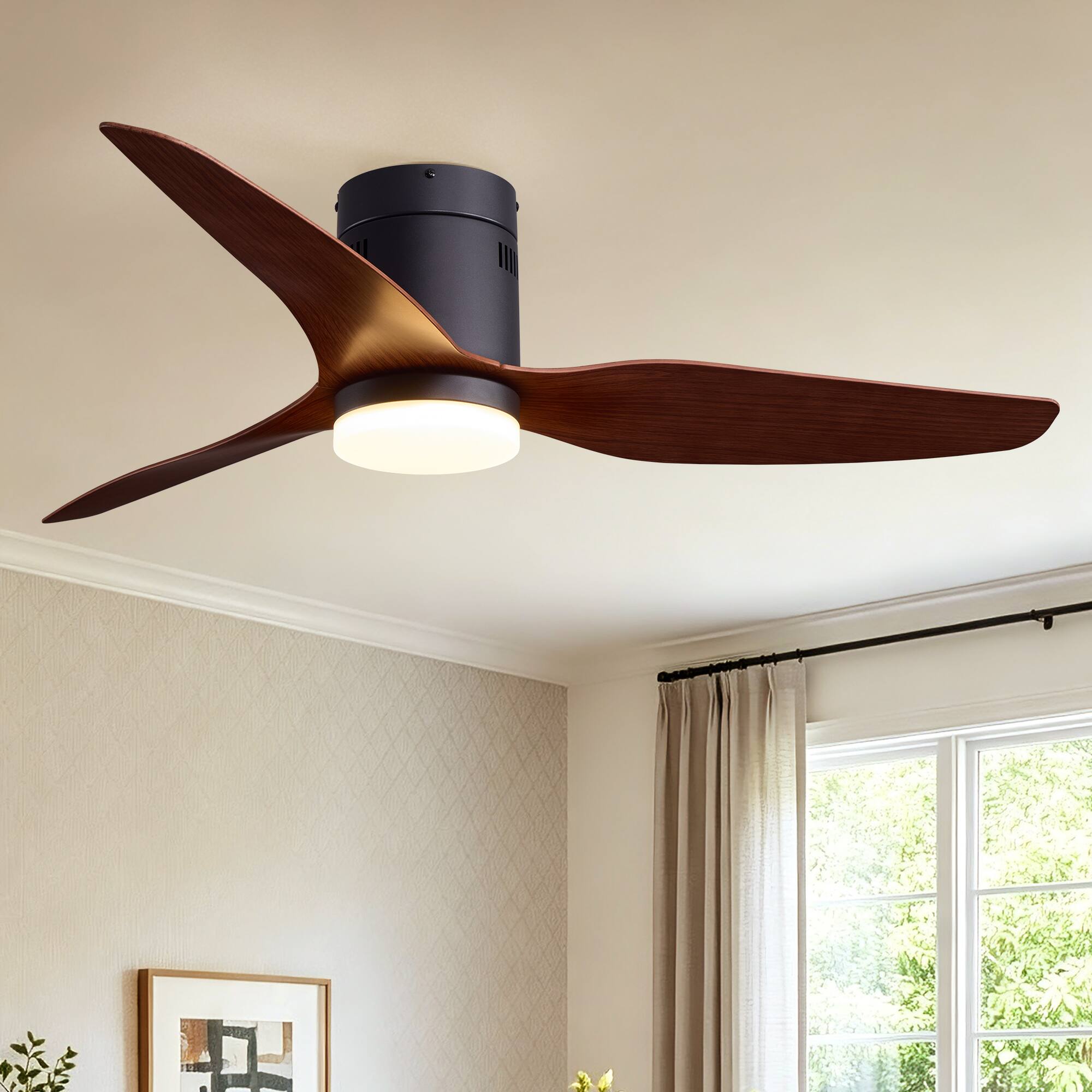 Angle. Siljoy - 52 Inch Low Profile Flush Mount Ceiling Fan LED Light Black Walnut 3 Wood Blades Remote for Bedroom Living Room - Brown.