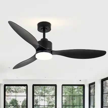 Front. Breezary - 52" Indoor Ceiling Fan, 3 ABS Blades, 6-Speed DC Motor, Remote Control, Memory/Timer, 3-Color LED Light, 5"/10" Downrods - Matte Black.