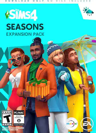 The Sims 4 Seasons Expansion Pack is a digital download for PC and Mac. It does not include a disc and requires an internet connection for product activation. The game has a Teen ESRB rating. - T (Teen 13+)