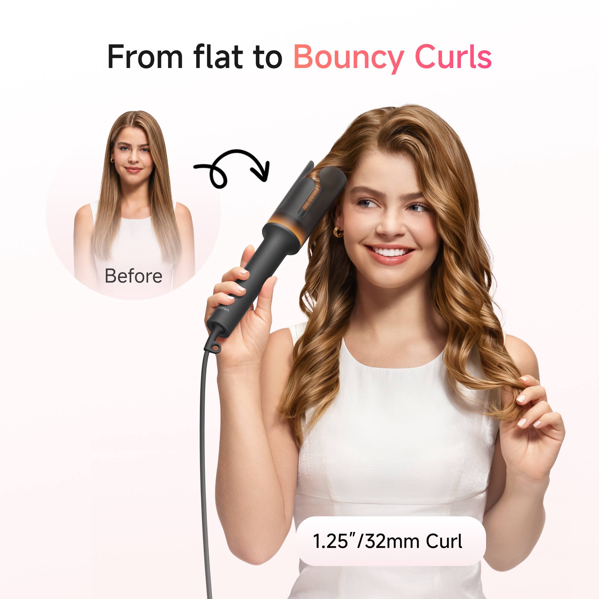 From flat to Bouncy Curls

Before

1.25"/32mm Curl