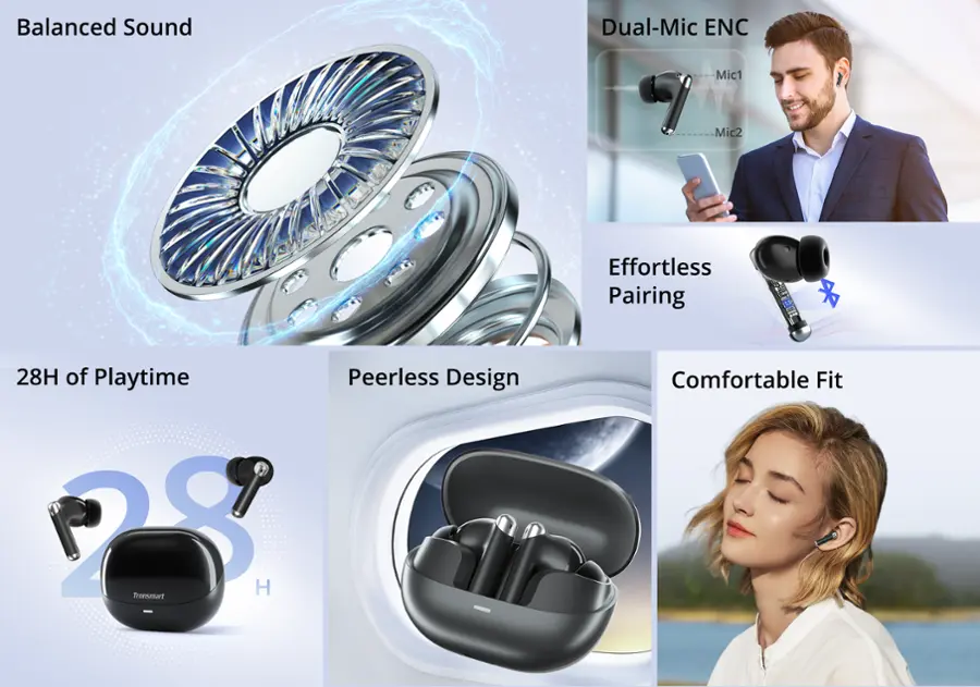 Balanced Sound Dual-Mic ENC Mic1 Mic2 Effortless Pairing 28H of Playtime 28 Tronsmart H Peerless Design Comfortable Fit