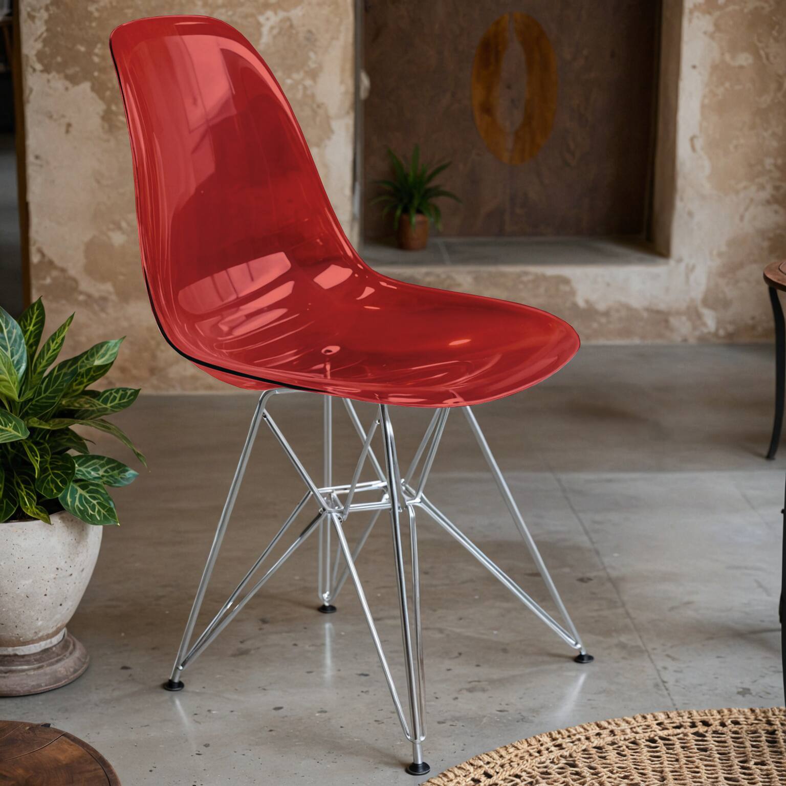 Angle. LeisureMod - Cresco Modern Acrylic Dining Chair, Ergonomic Curved Seat with Chrome Eiffel Base - Transparent Red.