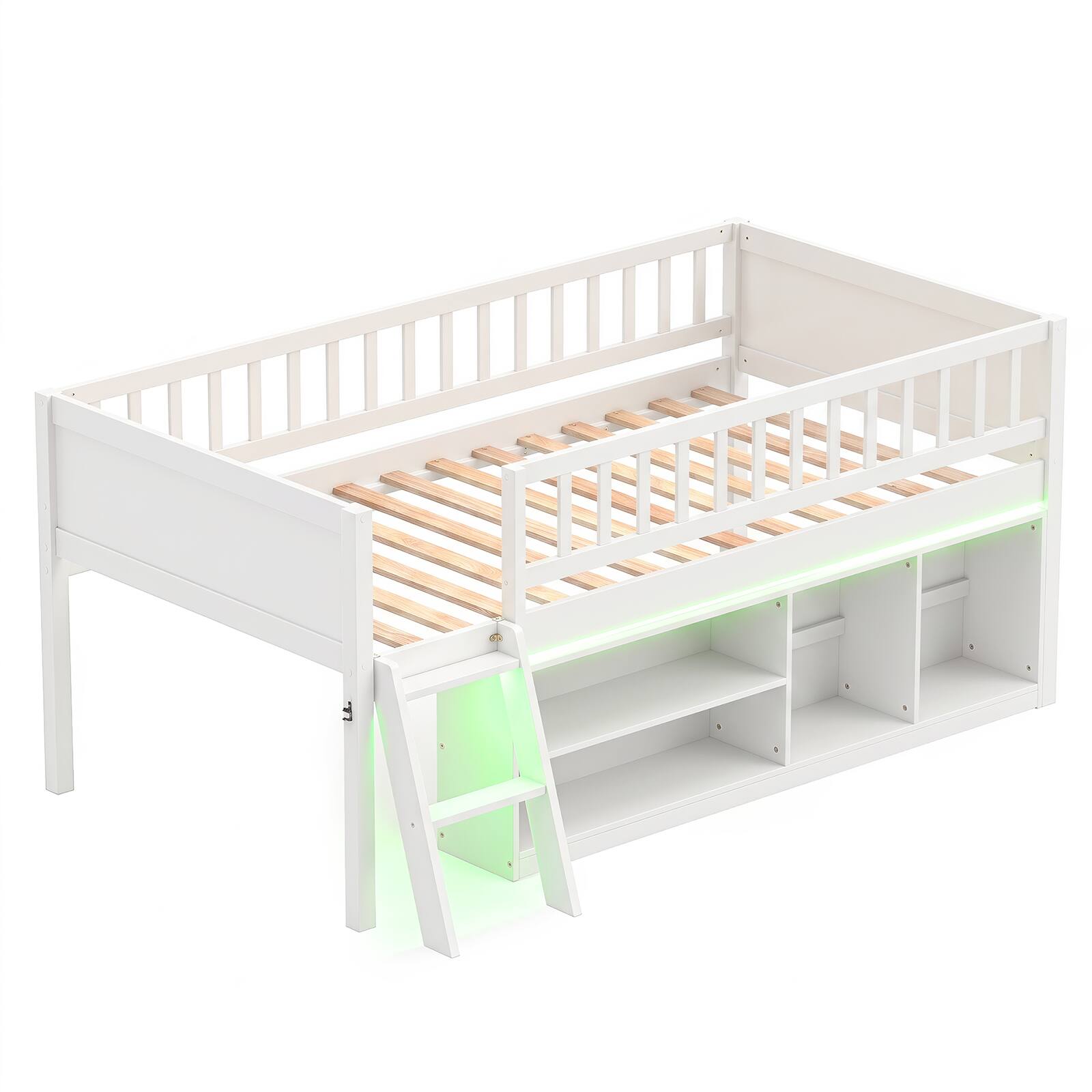 Alt View 9. Gymax - Gymax Twin Size Loft Bed w/ Adjustable LED Lights Bookshelves Safety Guardrails White - White.